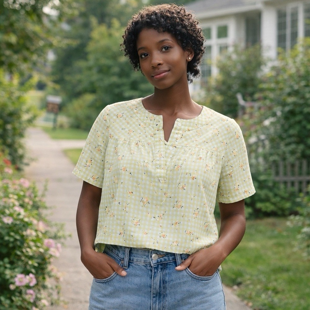 ModCloth Spring Fun in Gingham Blouse Green Check Floral Size S Granny‎ Cottage